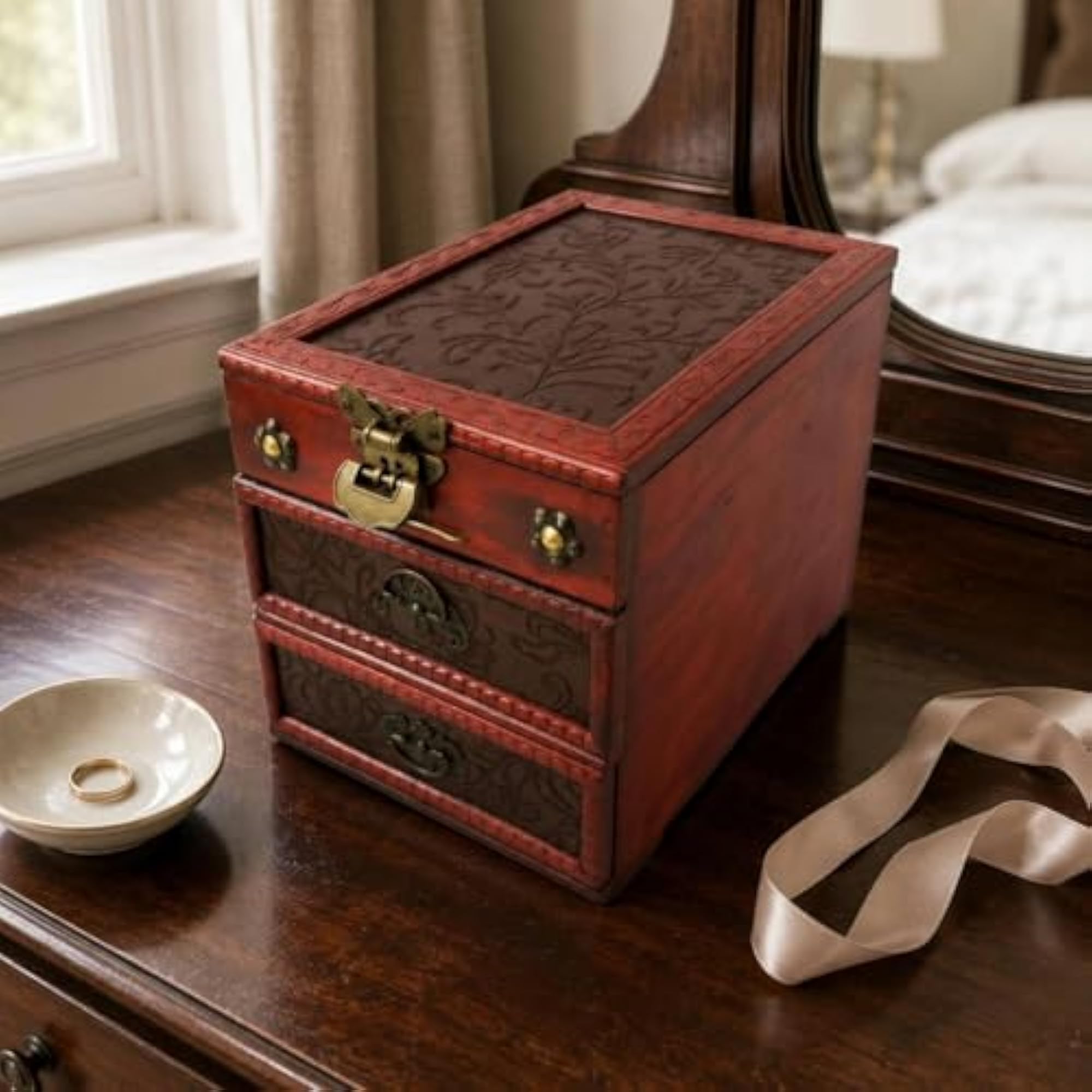 Vintage Wood Jewelry Box with Aged Brass Latch